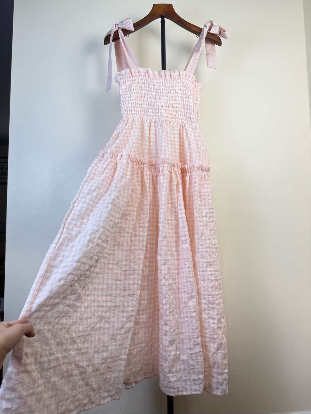 Mable Womens Midi Dress Small Blush Smocked Ruffle Seersucker Plaid Check Boho‎ - Picture 6 of 16